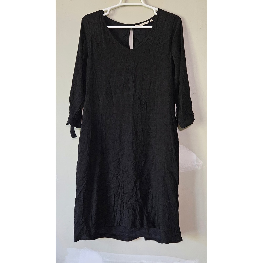 Soft Surroundings Black Crinkle Shift Dress V-Neck 3/4 Tie Sleeve Small